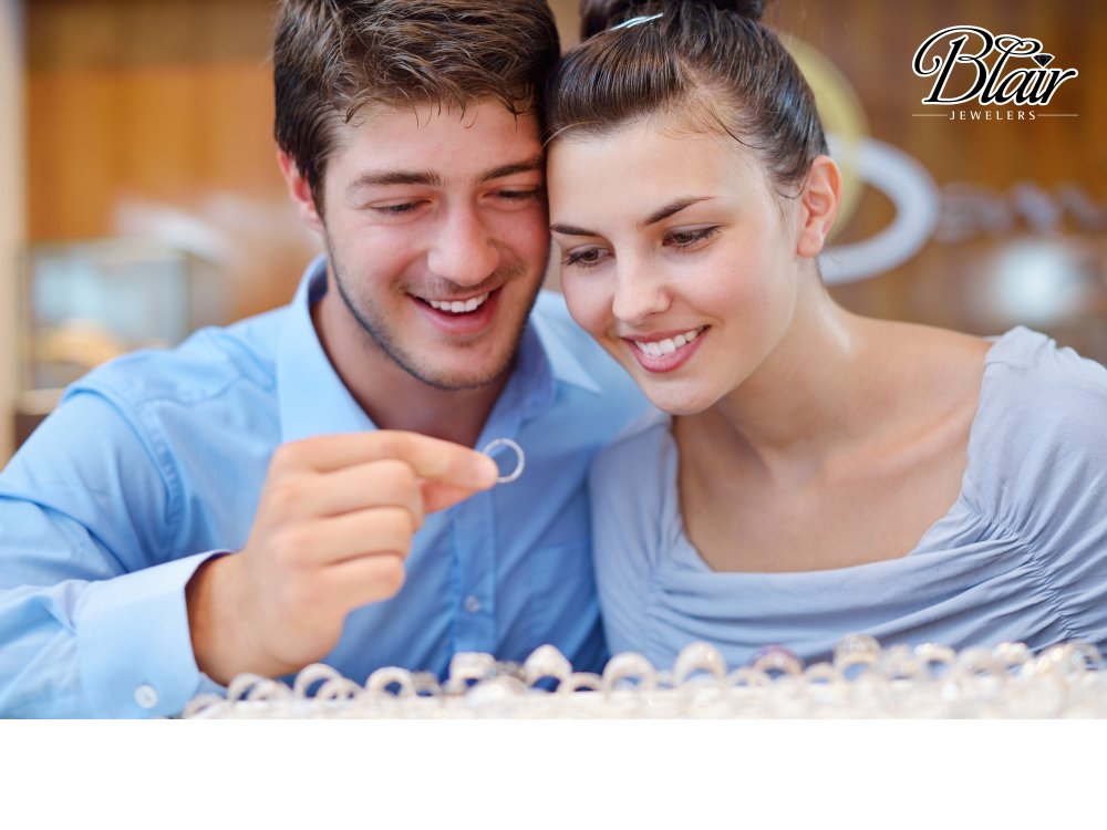 Blair Jewelers couple selecting wedding rings